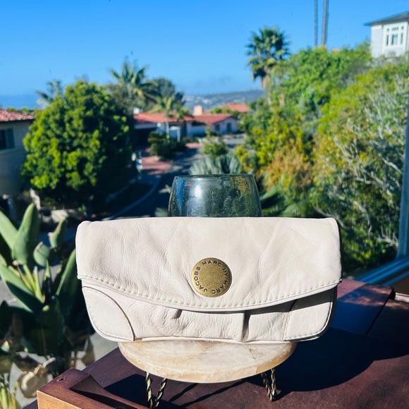 Marc By Marc Jacobs Handbags - Marc by Marc Jacobs Fold-Over Leather Clutch Gold Medallion creamy white EUC